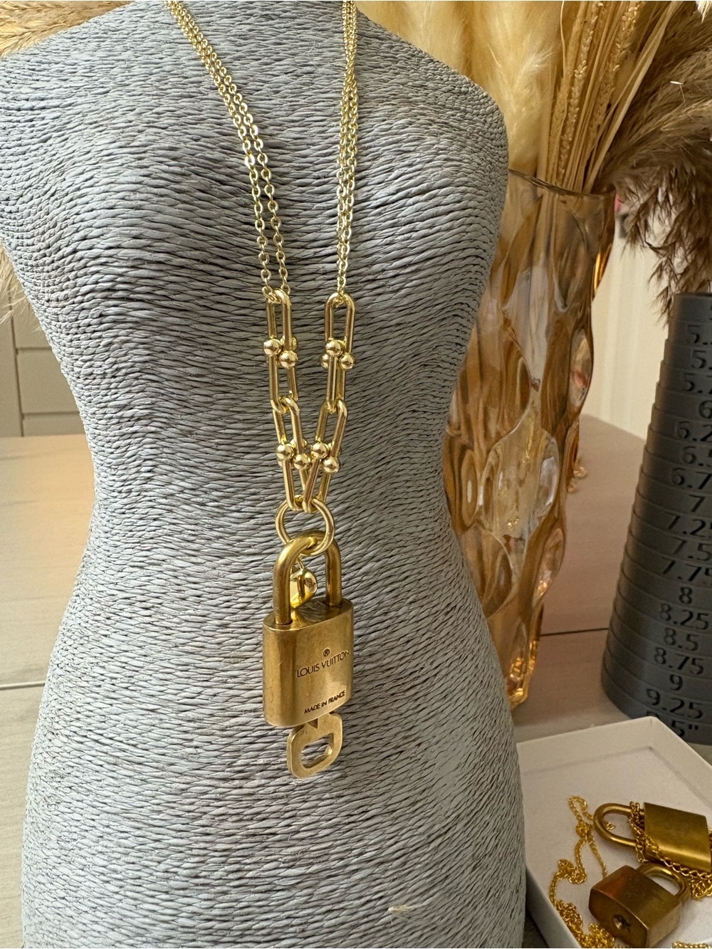 #305 Louis Vuitton Brass-Tone Padlock with key Necklace